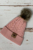 Pom Pom Beanie Hat with Heart Leather Patch