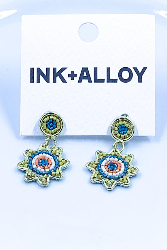 Beaded Dot and Flower Brass Frame Drop Earring by Ink+Alloy